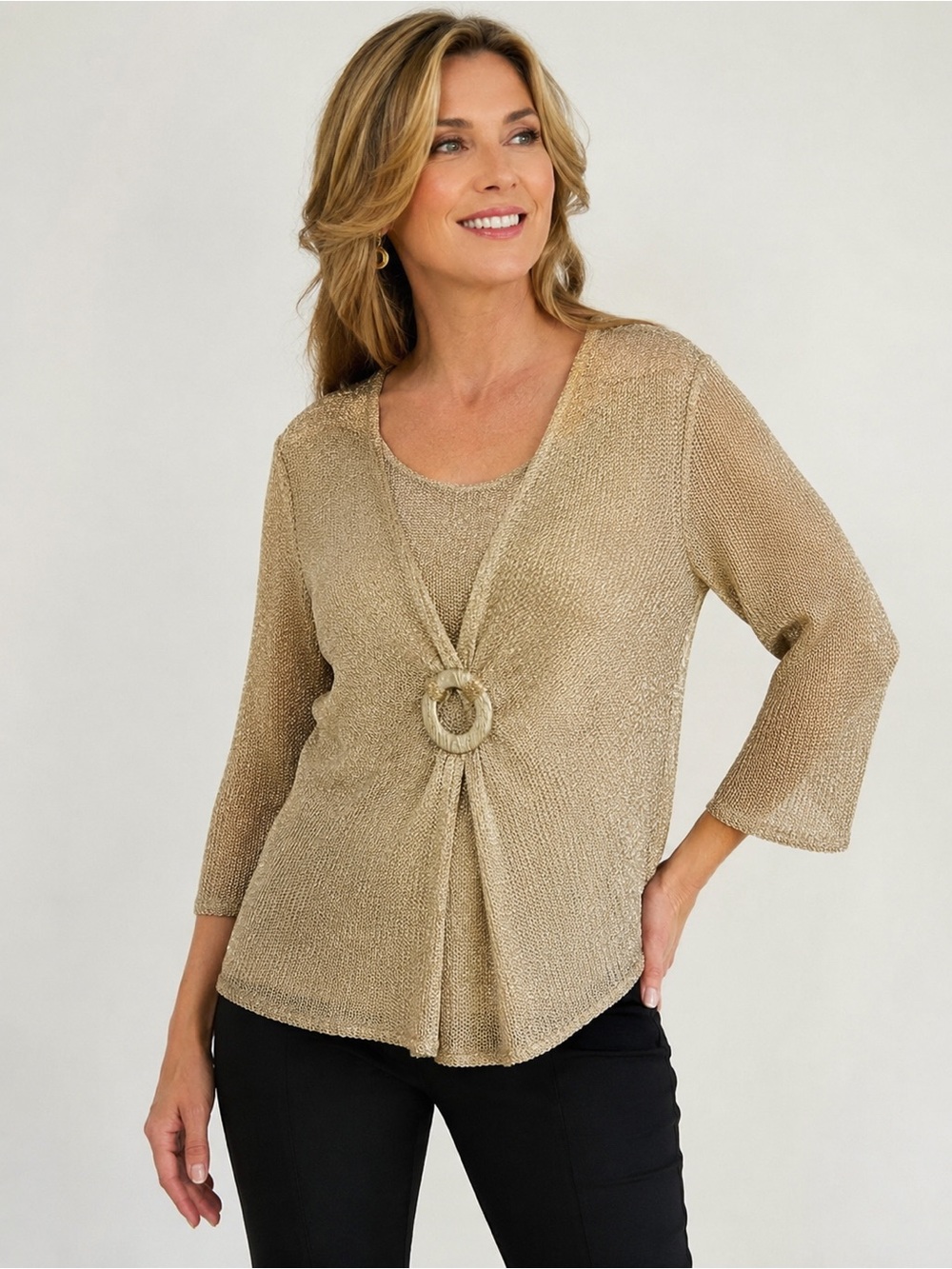 Frank Lyman Metallic Gold Knit Top Size 8 Made in Canada